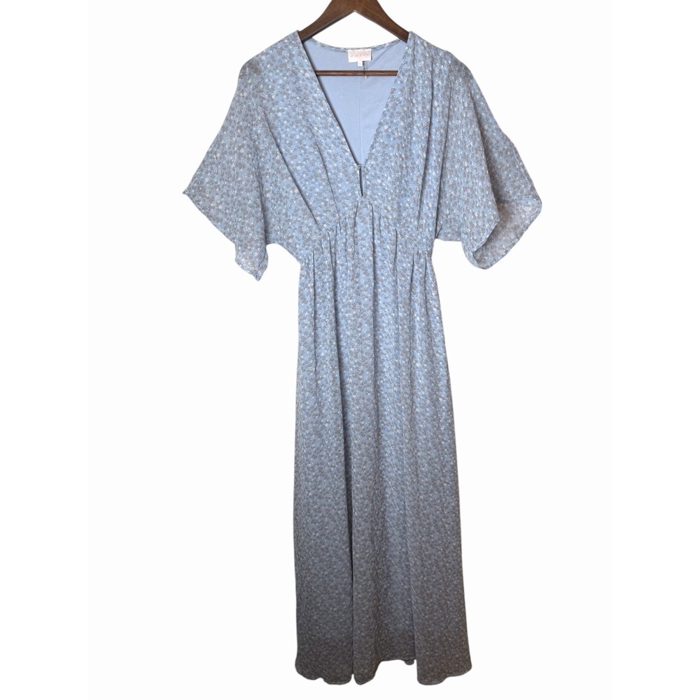 Entro Blue Maxi Dress Sz M V-Neck Keyhole Bust Flutter Kimono Sleeves